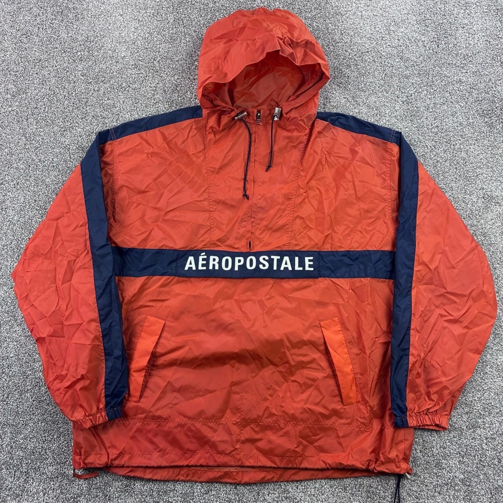 Vintage Aeropostale Anorak Jacket Mens Large Orange Nylon Hooded‎ Windbreaker
